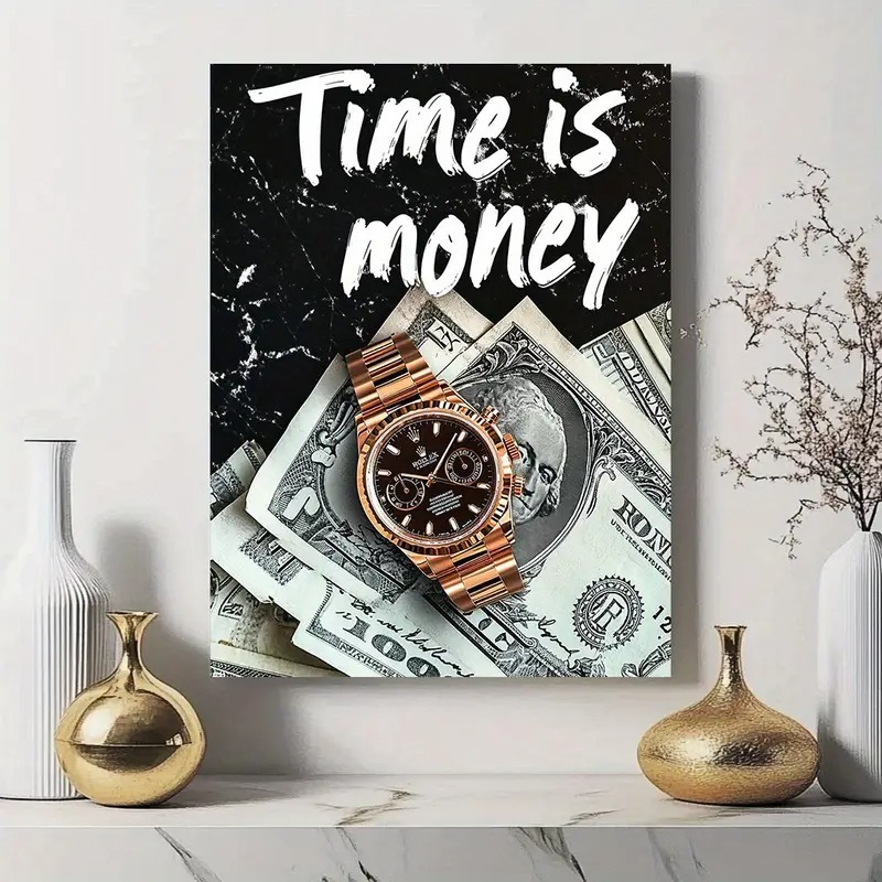 Time is Money Wall Art Frame Inch Wooden Sticky Tile with Watch & Dollar Design, Self-Adhesive Home Decor