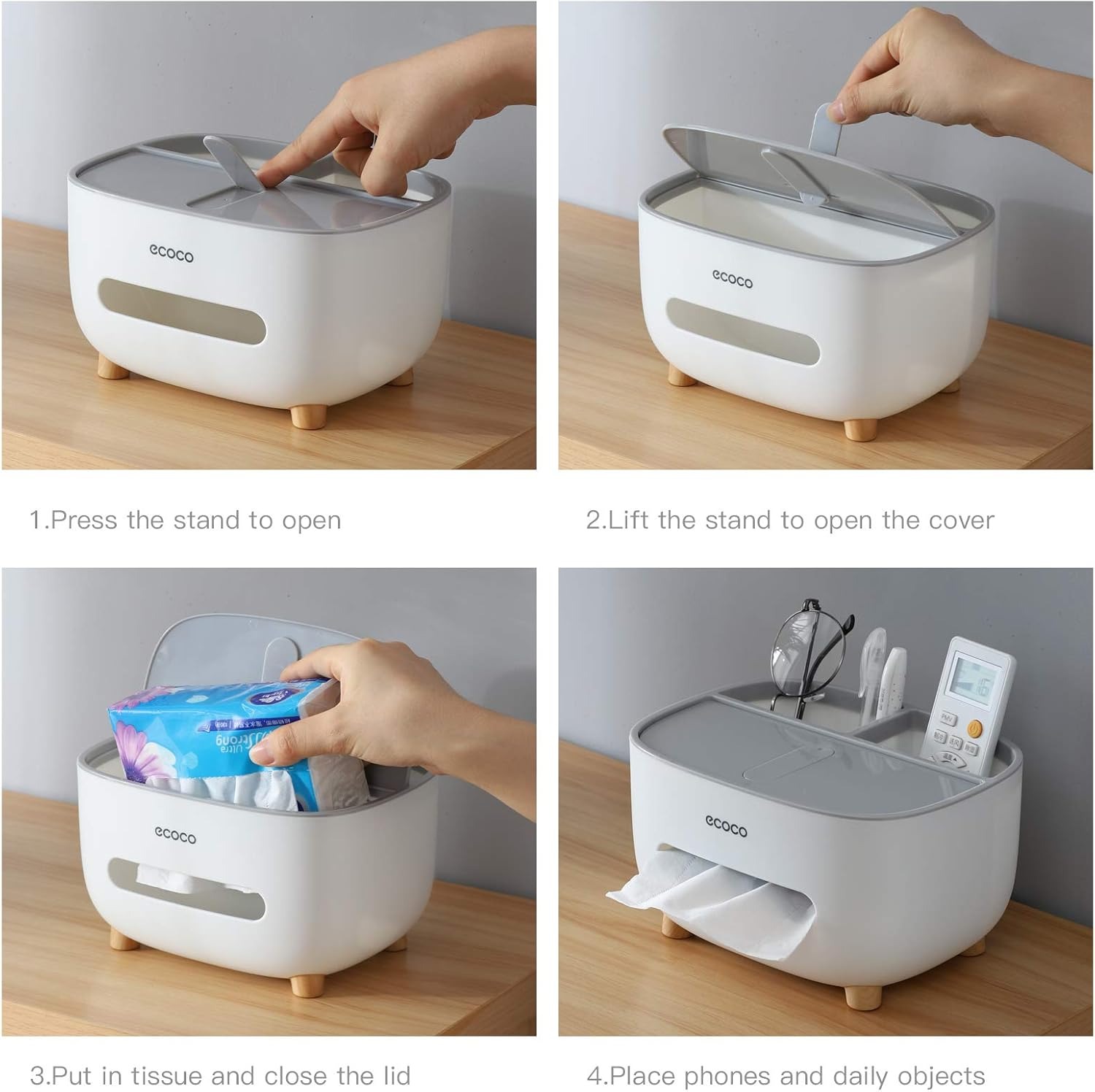Ecoco Tissue Box With Multifunctional Storage Drawer Creative Desk Organizer For Kitchen Living Room And Office - Image 3