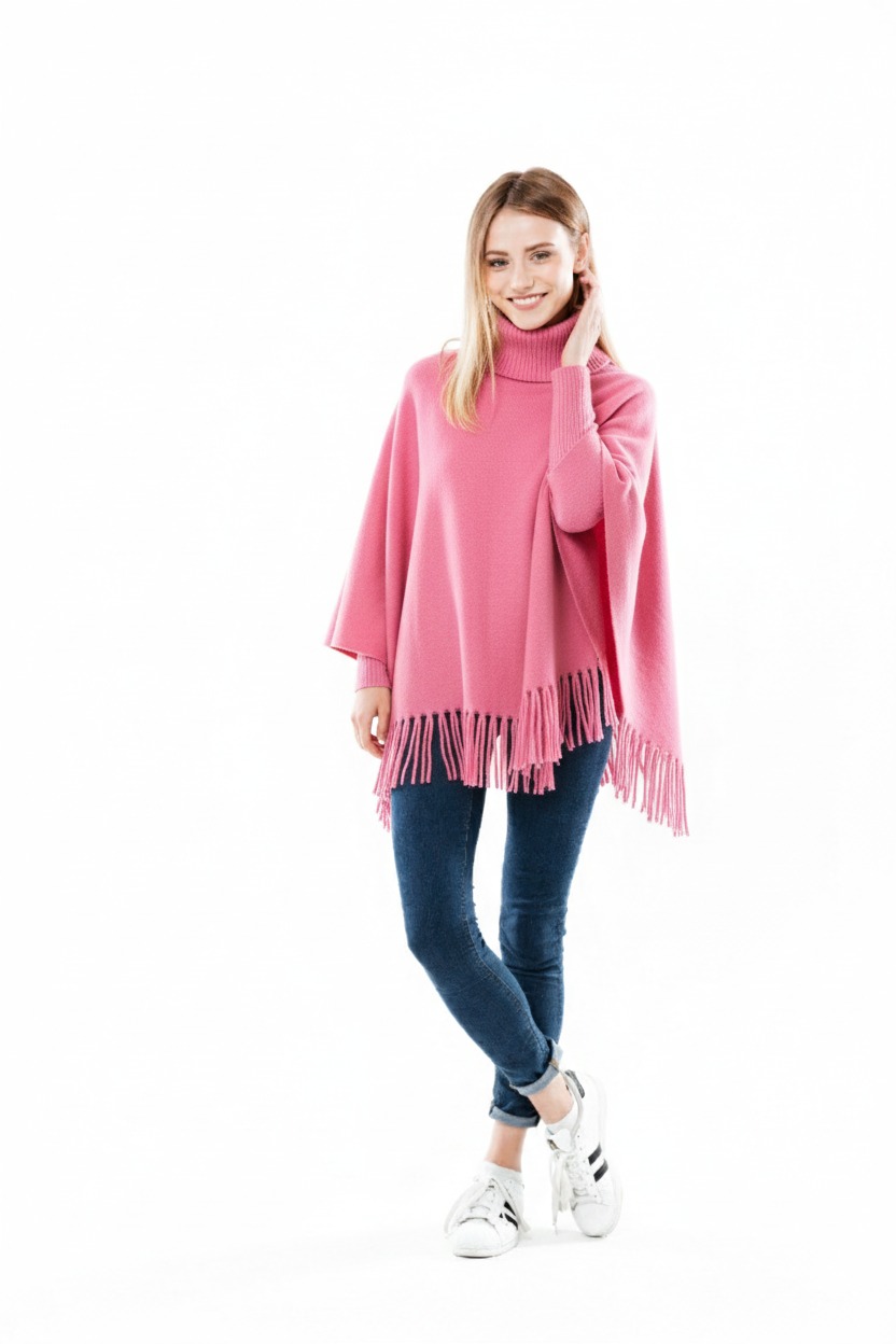 Winter Fleece Poncho with High Neck, Tassel Design & Adjustable Short Sleeves For Girls/Princess Free Sizes - Image 2