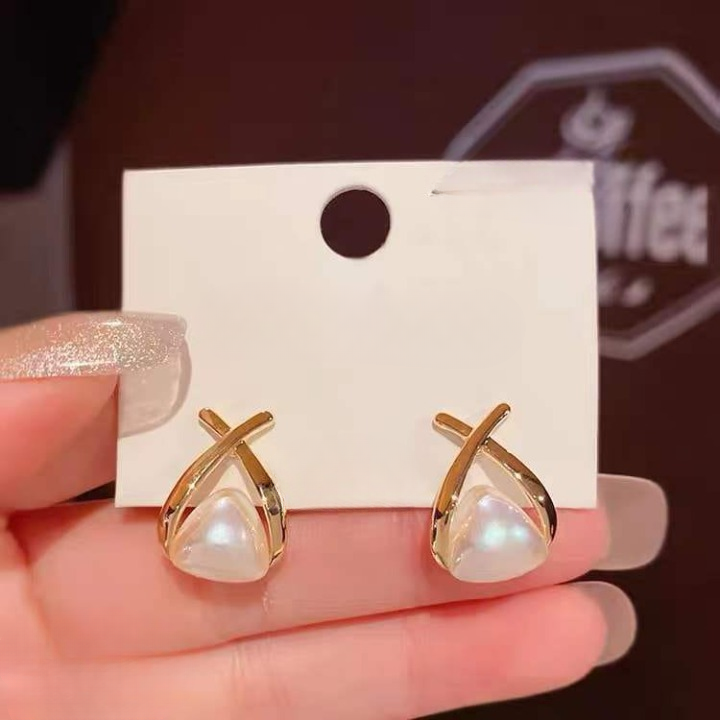 Trendy Korean Cross Pearl Earrings Sculpted Design (AVT-114) - Image 3