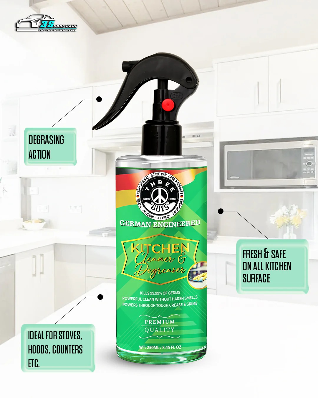 Kitchen Cleaner & Degreaser Heavy Duty, Germ-Killing & Grease-Fighting Formula | THREE GUYS - German Engineered (250) ML - Image 2