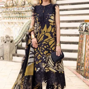 Maria B Printed Embroidered Lawn 3PC Unstitched Suit with Chiffon Dupatta  Black & Mustard