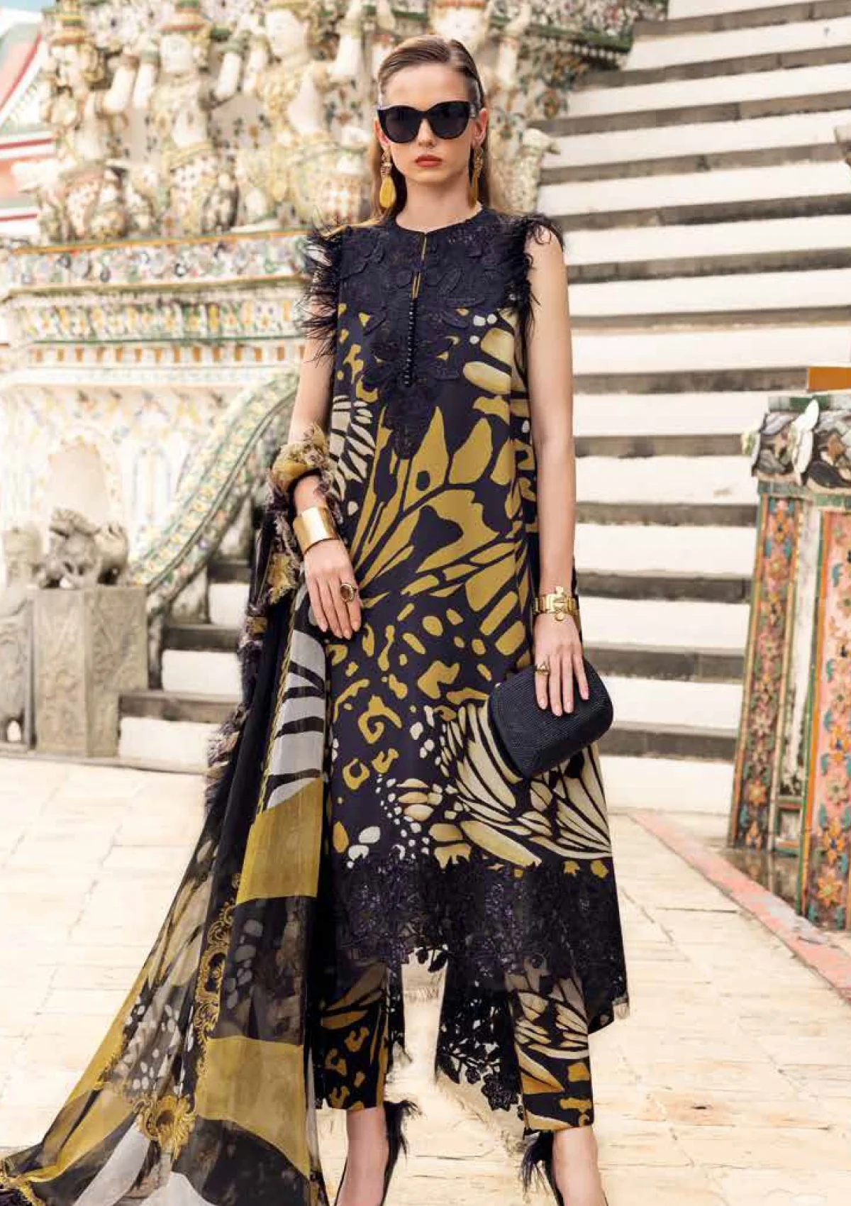 Maria B Printed Embroidered Lawn 3PC Unstitched Suit with Chiffon Dupatta Black & Mustard