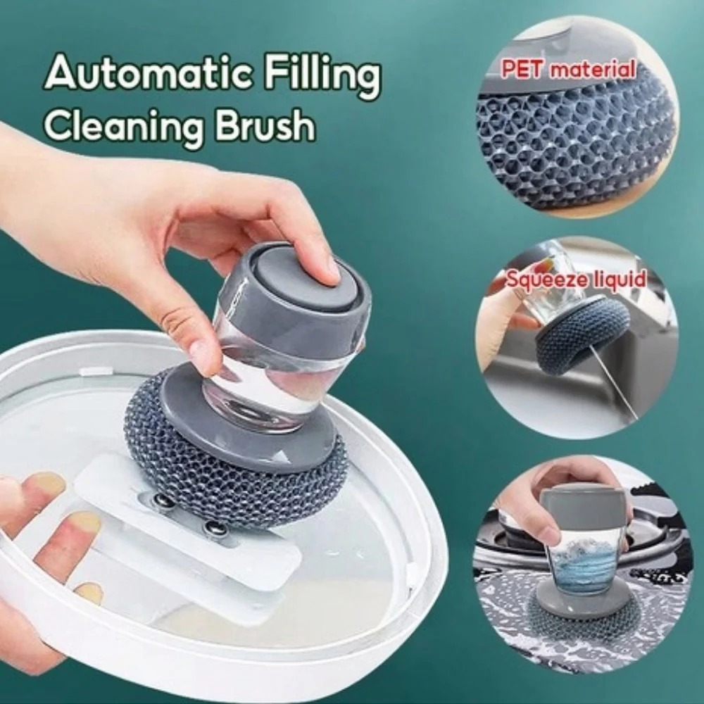 Kitchen Soap Dispensing Palm Brush Automatic Filling Dish Scrubber with PET Bristles Non-Scratch Cleaning Brush for Pots, Pans, and Sinks - Image 2