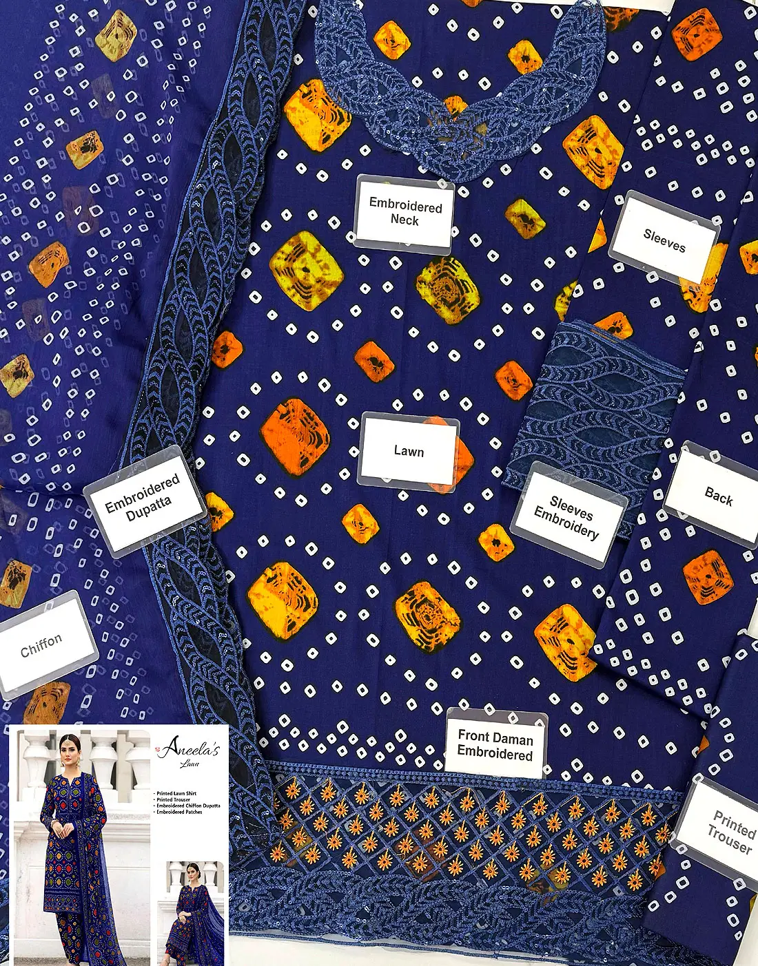 Stylish Digital Chunri Print Embroidered Lawn 3PC Unstitched Suit with Chiffon Dupatta - Image 2