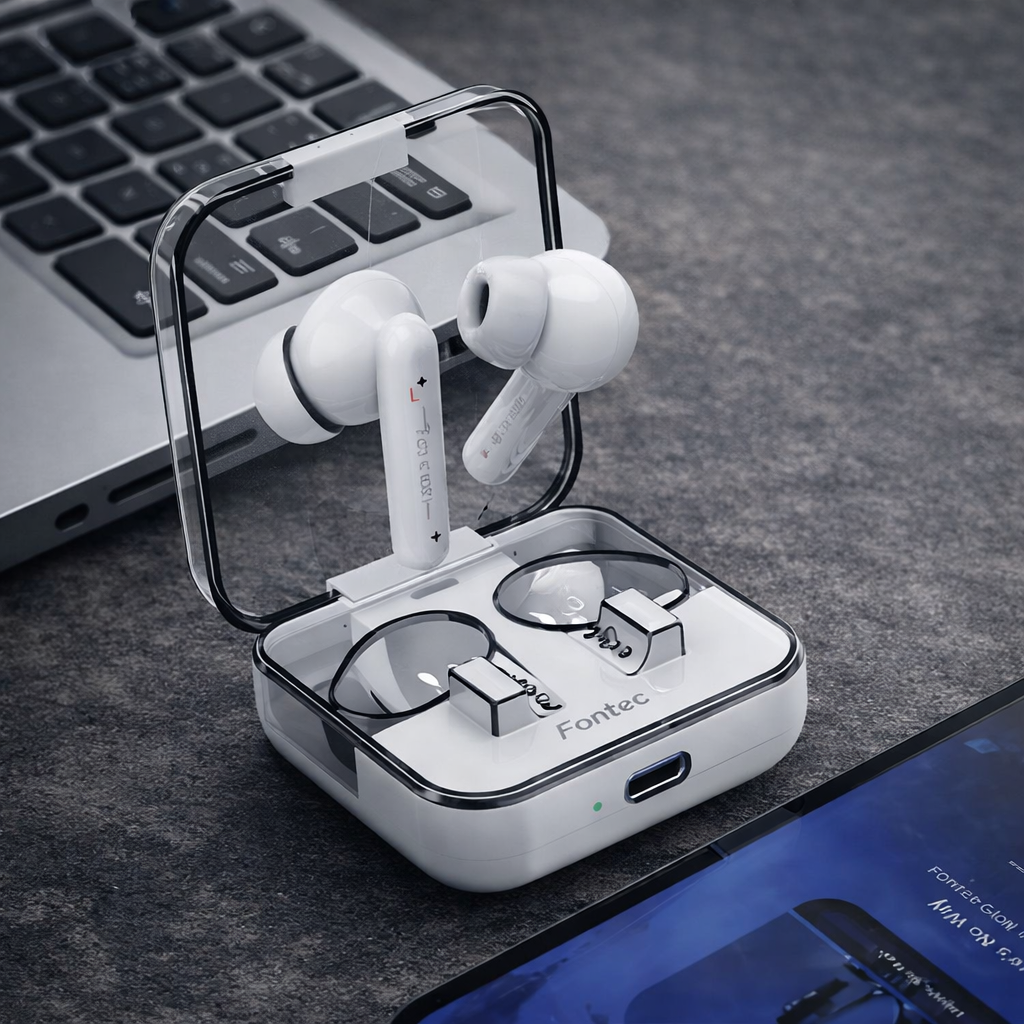 Fontec Glow Wireless Earbuds Bluetooth 5.3 Gaming Earphones with ENC Noise Cancellation & Transparent Charging Case - Image 2