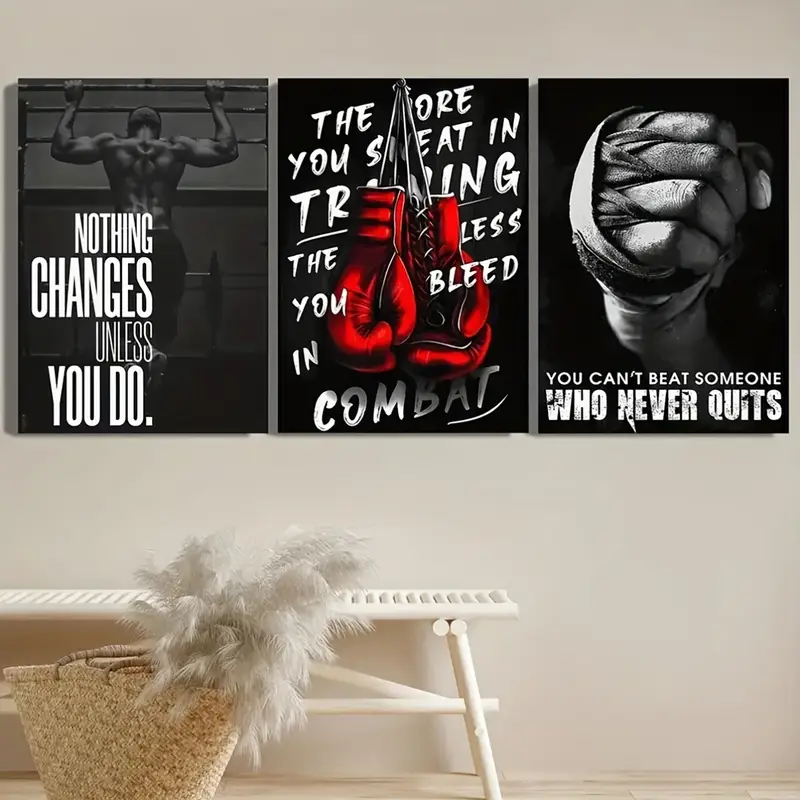 3-Piece Sports Wall Décor Boxing Motivational Quote Prints, Athletic Black & White Art (8x11 Inches Each)