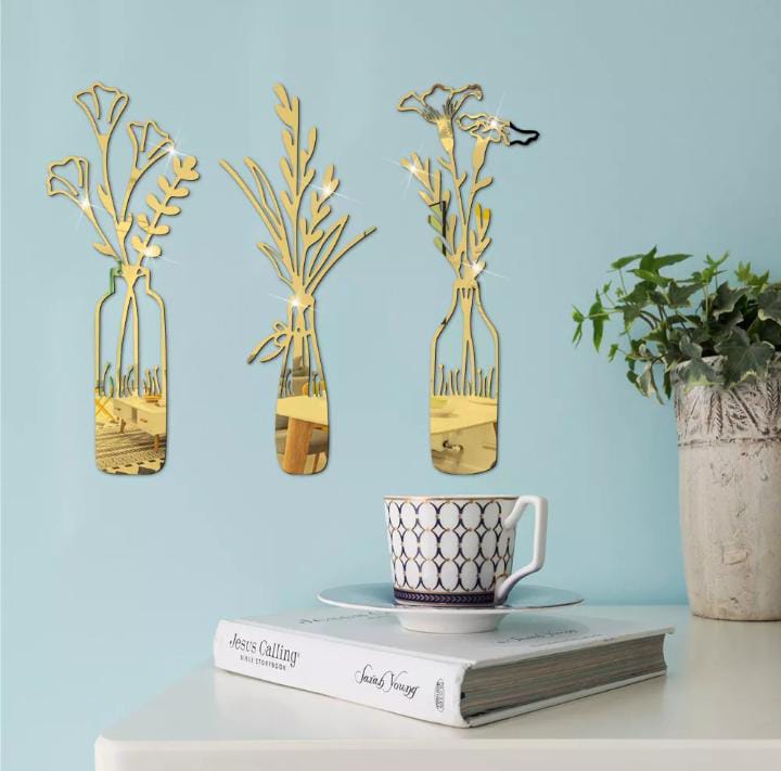 3 PCs Beautiful Acrylic Mirror Leaf Vase Wall Art Frame Modern Decorative Wall Frames for Living Room Bedroom - Image 2