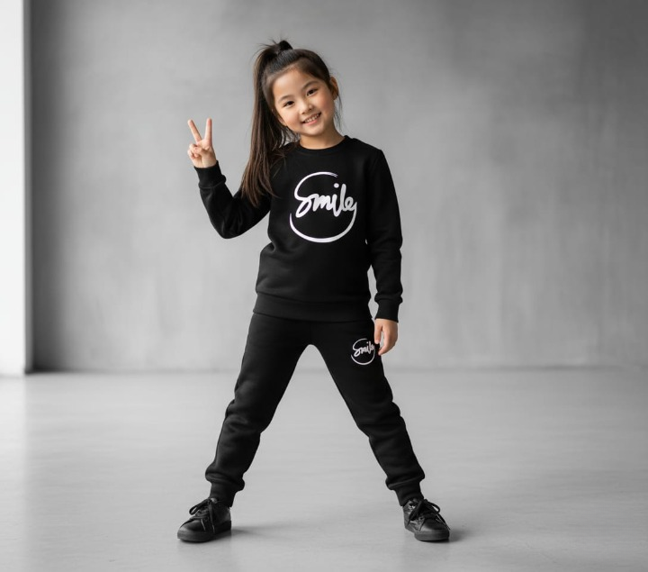Kids SMILE Printed Stylish Black & Black Tracksuit Set - Image 3