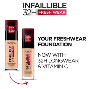 L'OrÃ©al Paris Infallible 32H Fresh Wear Foundation, Full-coverage, Longwear, Weightless Smooth Finish, Water-proof and Transfer-proof, with Vitamin C 30ml