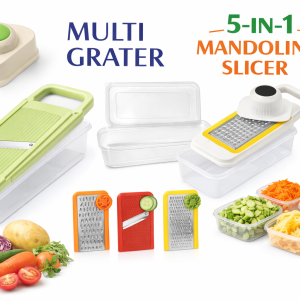 5-in-1 Multi Grater & Mandoline Slicer with Storage Box Stainless Steel Blades Vegetable & Fruit Cutter