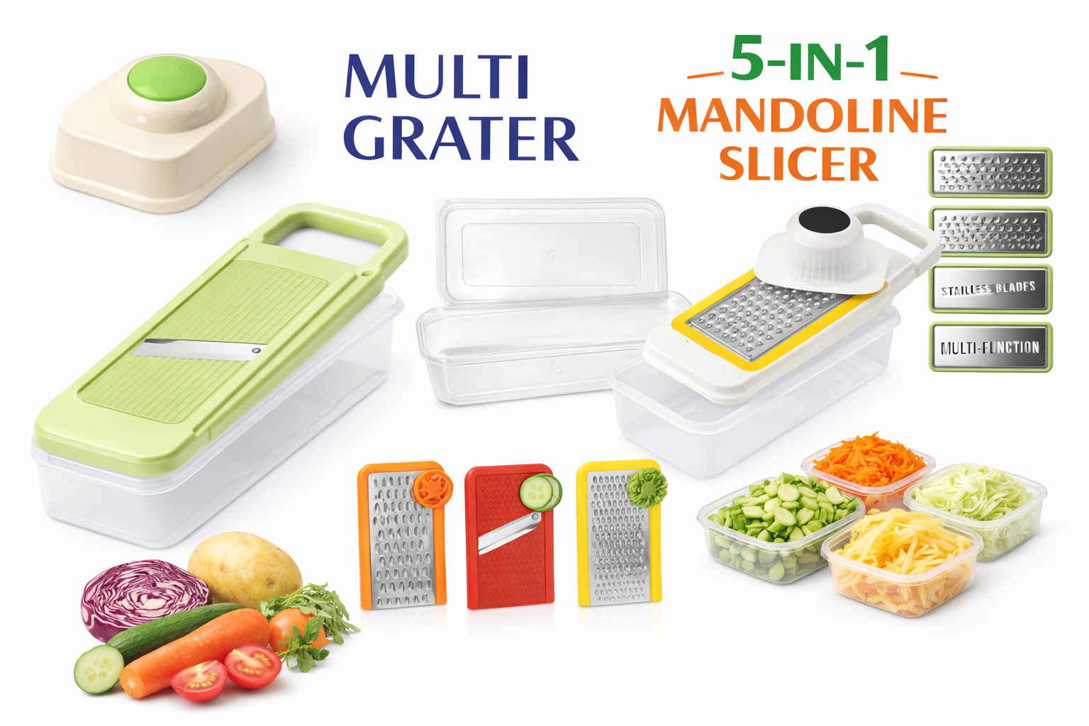5-in-1 Multi Grater & Mandoline Slicer with Storage Box Stainless Steel Blades Vegetable & Fruit Cutter