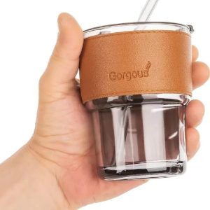 Reusable Coffee Mug with Straw Leakproof Lid & Heat-Resistant PU Leather Sleeve for Hot & Cold Drinks (300ml)