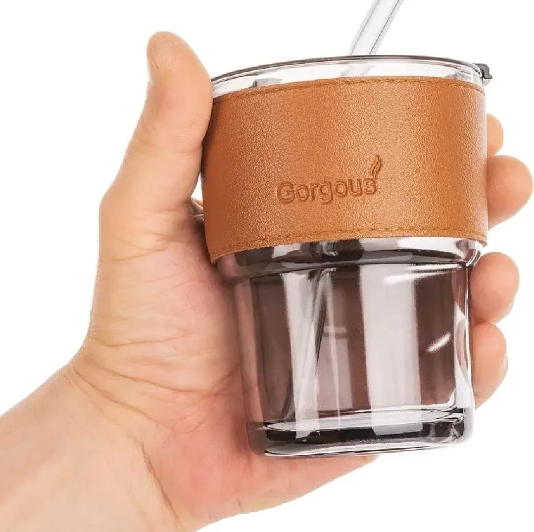 Reusable Coffee Mug with Straw Leakproof Lid & Heat-Resistant PU Leather Sleeve for Hot & Cold Drinks (300ml)