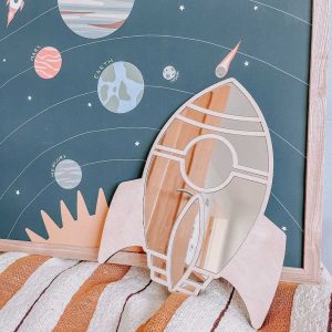 Acrylic Mirror Rocket Wall Decoration  Shatterproof Silver Mirror & Wood 3D Wall Art Sticker Decal for Kids Room (30cm)