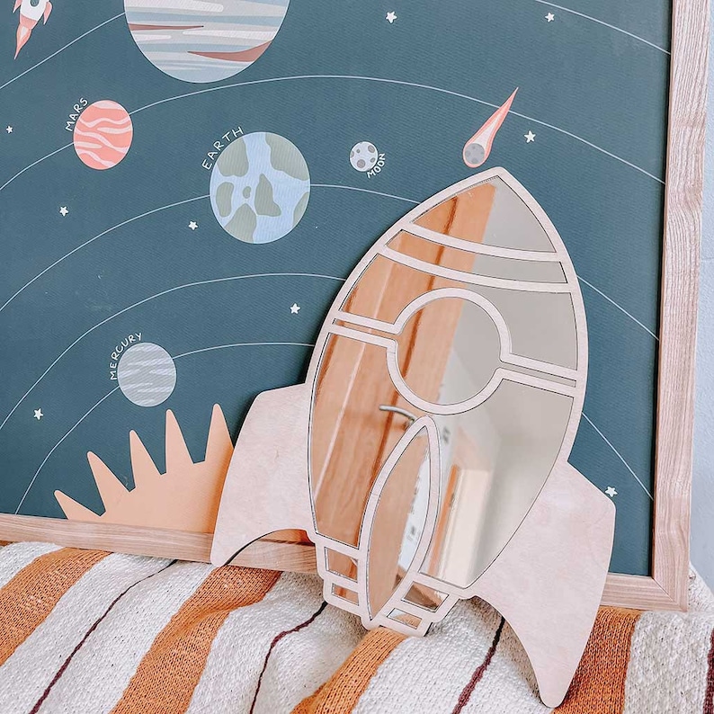 Acrylic Mirror Rocket Wall Decoration Shatterproof Silver Mirror & Wood 3D Wall Art Sticker Decal for Kids Room (30cm)
