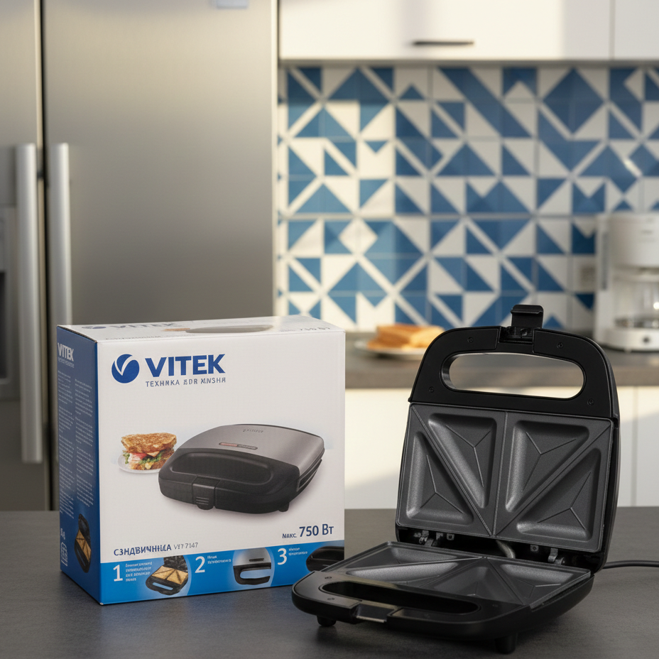 Vitek VT?7147 Sandwich Maker | 750W | Non-Stick Plates | 4 Triangular Toasts | Compact & Safe Design - Image 2
