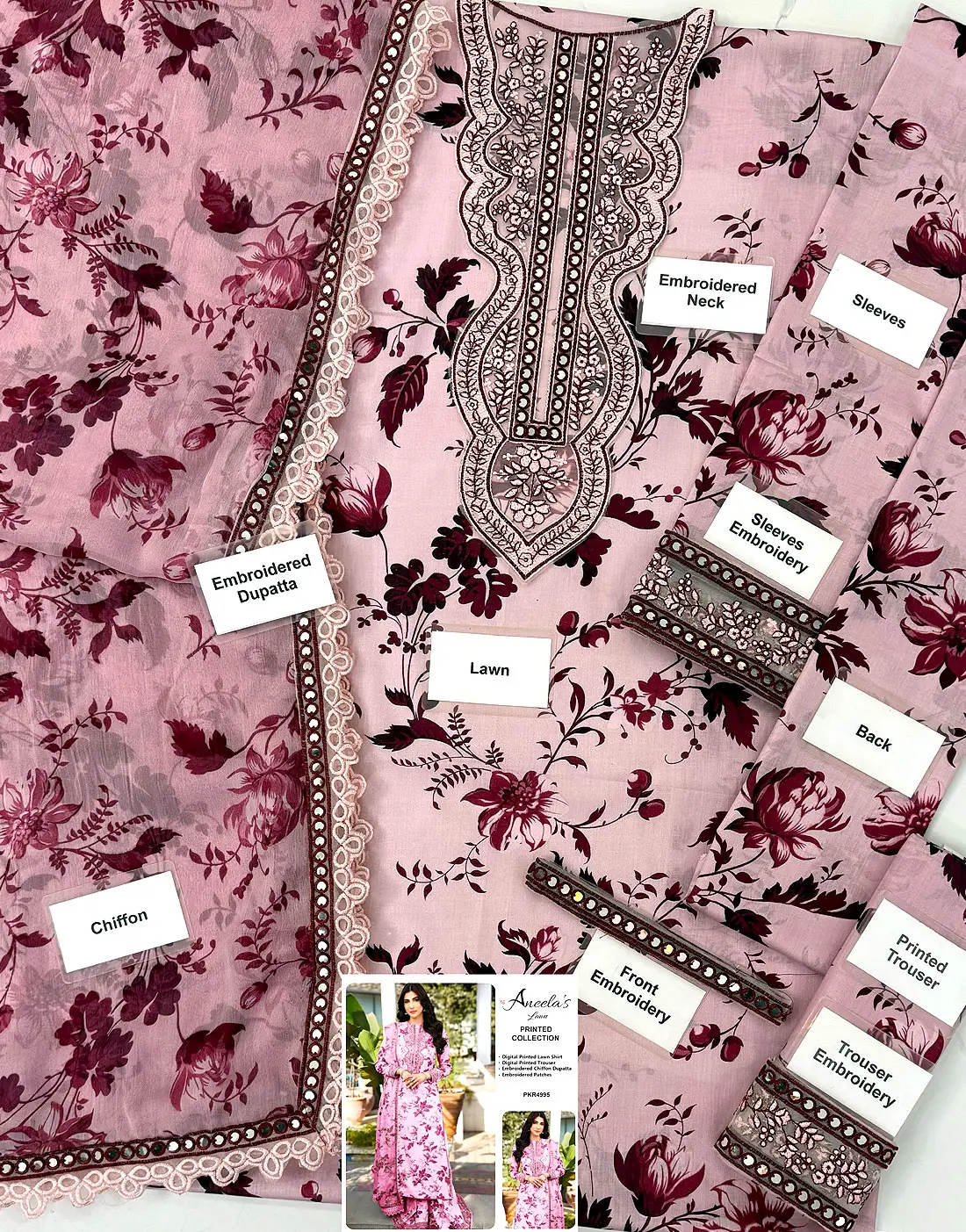 Aneelas All-Over Print 9mm Sequins Embroidered Lawn 3Pc Unstitched Dress with 4-Side Embroidered Chiffon Dupatta - Image 2