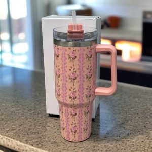 Floral Insulated Travel Tumbler 40oz Double-Wall Vacuum Flask with Ergonomic Handle & Leak-Resistant Lid (Random Colour)