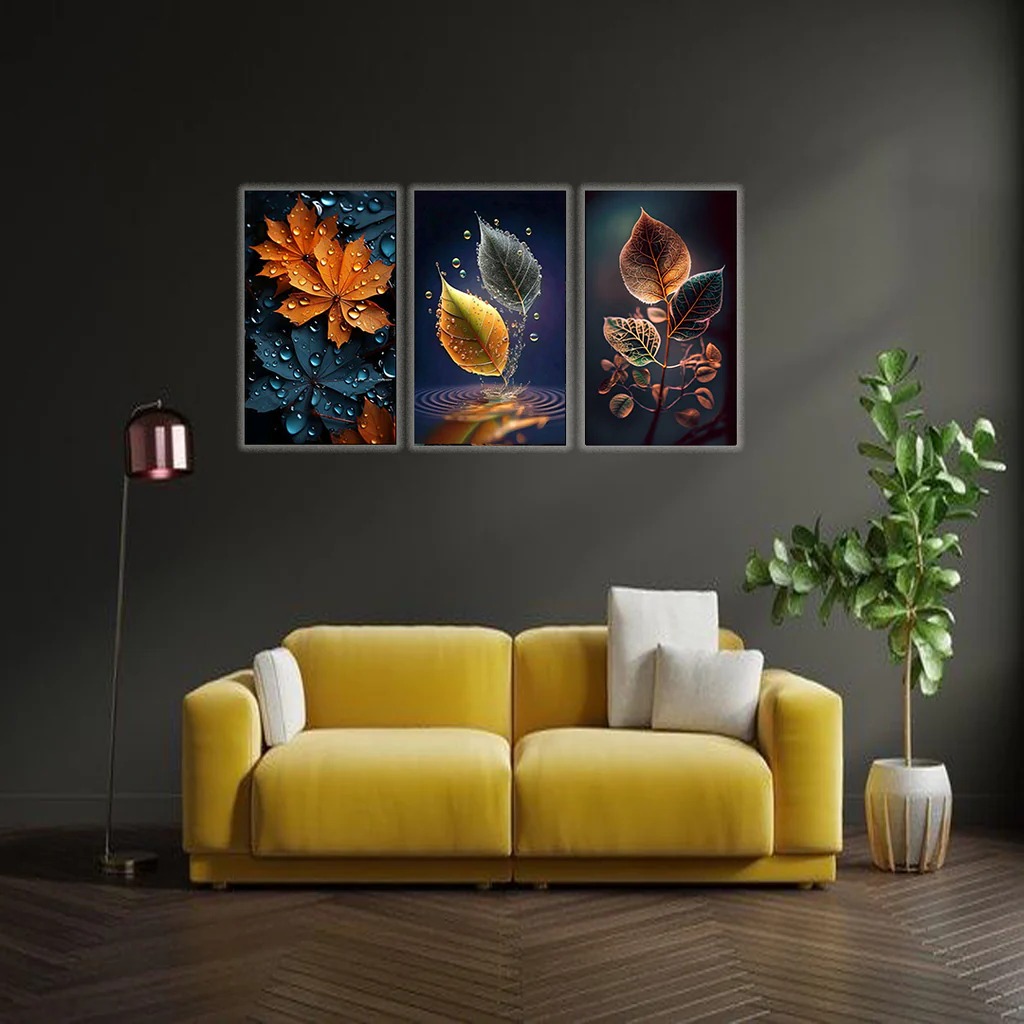 3-Piece Autumn Leaf Wall Art Frames Decorative 8x11 Inch Modern Home Decor Set with Double Tape for Easy Wall Mounting