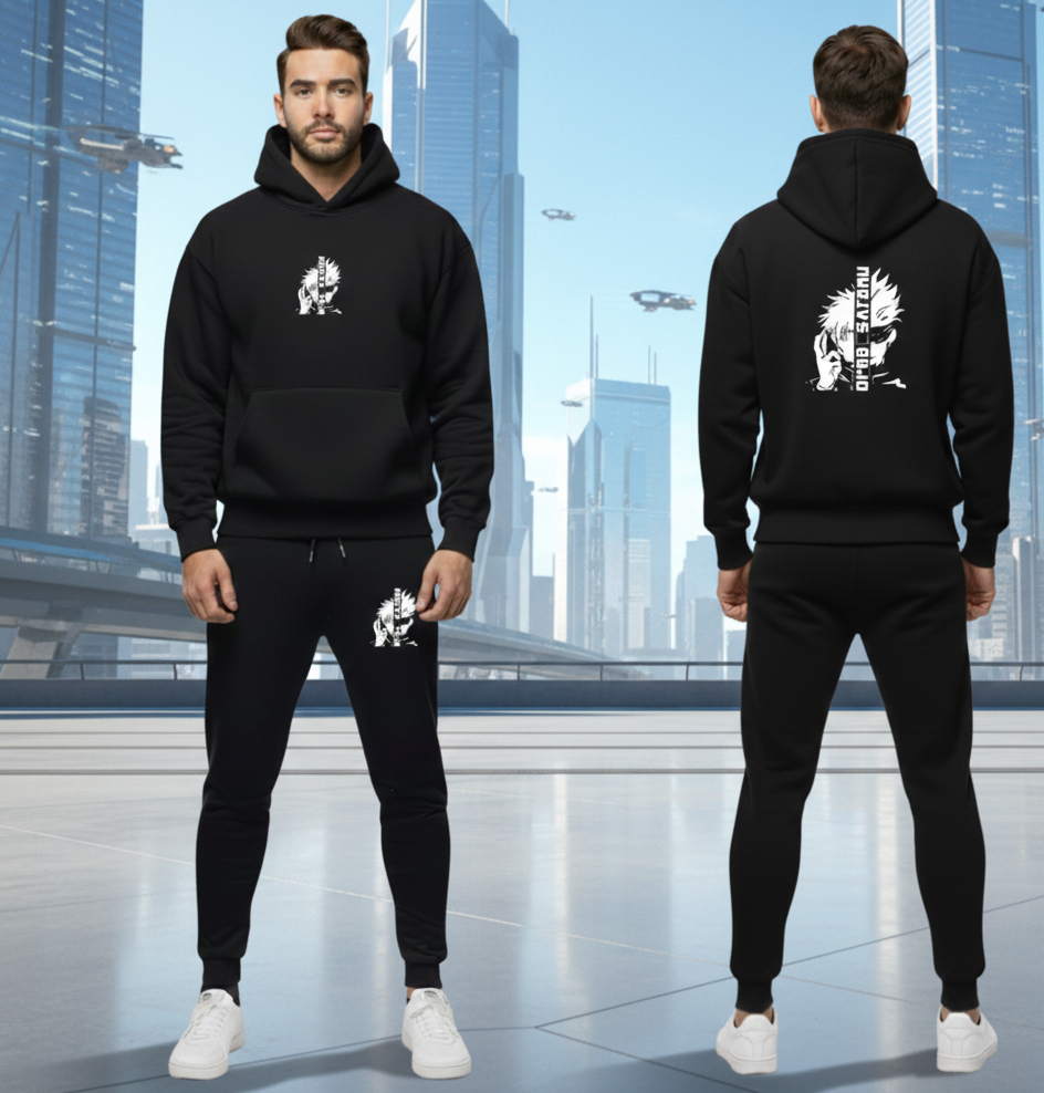 Urban Streetwear Tracksuit Mens Heavyweight Black Graphic Hoodie - Image 2