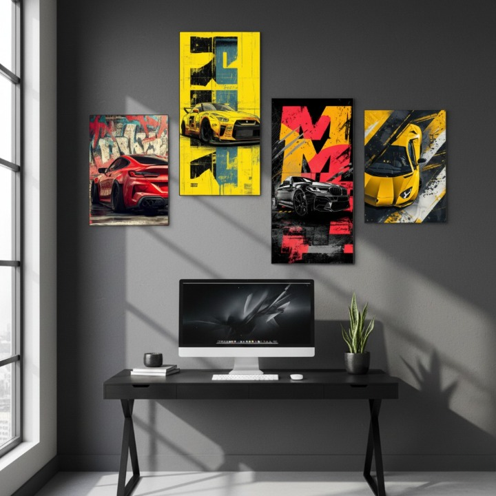 Set of 4 Stylized Automotive Canvas Prints | Wooden Sticky Wall Tiles | 8x16 & 8x11 | Double Tape Included
