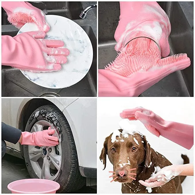 Silicone Dishwashing & Cleaning Pair Gloves Reusable Heat Resistant Scrubber Gloves for Kitchen, Bathroom & Household Cleaning | Random Color - Image 4