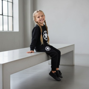 Kids Star Printed Black & Black Tracksuit Set
