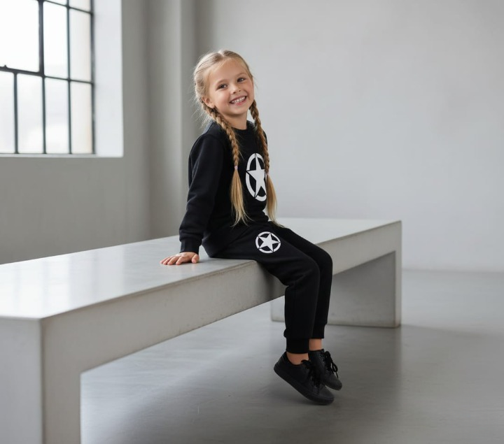 Kids Star Printed Black & Black Tracksuit Set