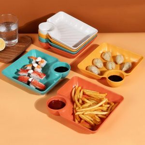 4-Piece Colorful Serving Platter Set BPA-Free Snack, Sushi, Appetizer & Dessert Plates with Built-in Dipping Bowls for Parties & Everyday Use (Random Color)