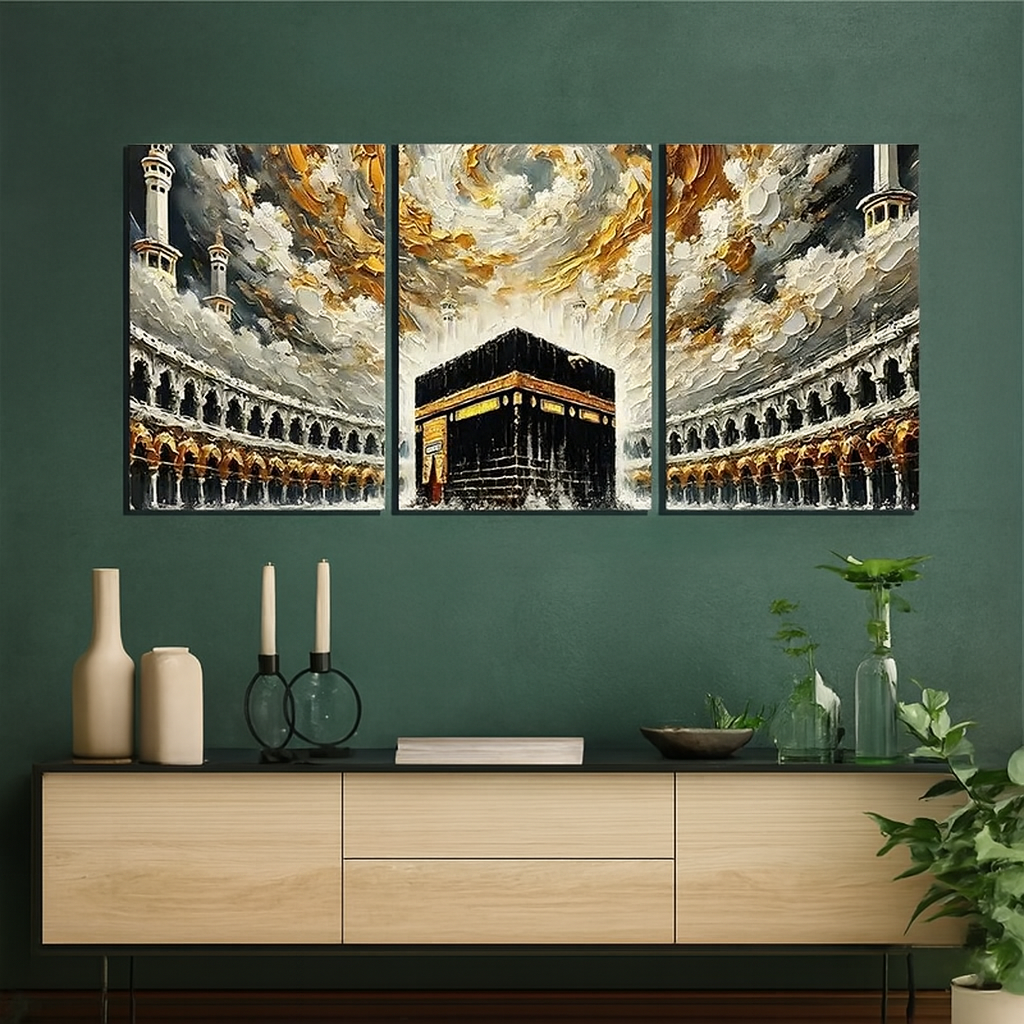 Khana Kaba Wooden Wall Art 3 Piece Islamic Frame Set Made With Wooden Stickytile, Each Frame 8x11 Inches, Easy To Install With Included Double Tape - Image 3