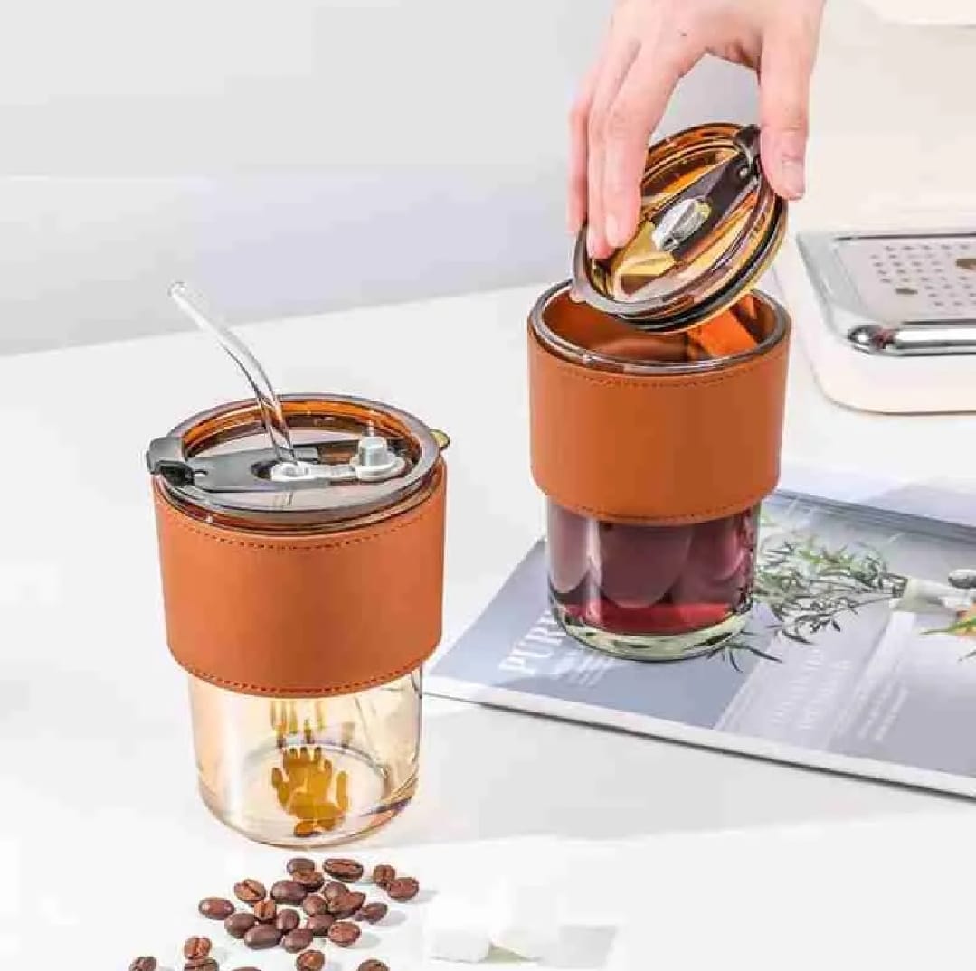 Reusable Coffee Mug with Straw Leakproof Lid & Heat-Resistant PU Leather Sleeve for Hot & Cold Drinks (300ml) - Image 3