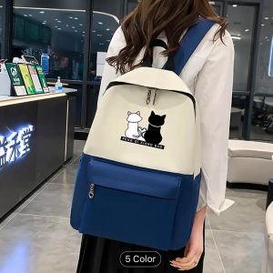 Cute Cat Print 5-in-1 School Bag Set for Girls  Backpack, Handbag, Crossbody Pouch, Pencil Case & Lunch Bag Stylish Combo
