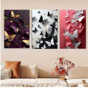 Butterfly Wall Art Set 3 Wooden Frames (8x11) with Elegant Floral & Nature Designs | Easy Wall Mounting with Double Tape