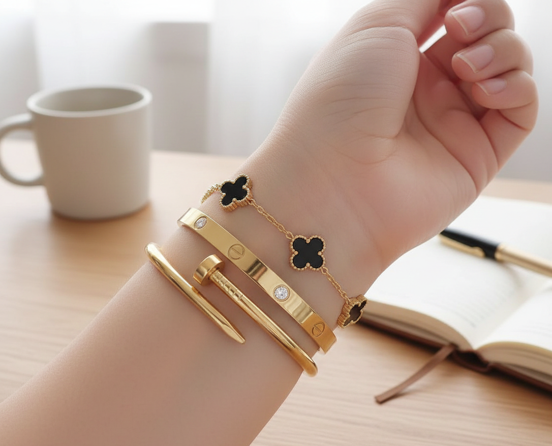 3 PC Stainless Steel Bangle Set for Women: Elegant Gold-Tone Stackable Jewelry. - Image 3