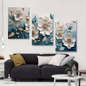 Elegant 3-Piece Floral Wall Frame Set  White Blossoms & Golden Stems on Teal Background