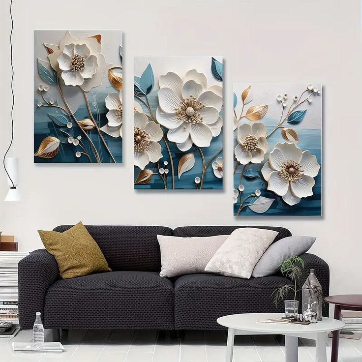 Elegant 3-Piece Floral Wall Frame Set White Blossoms & Golden Stems on Teal Background
