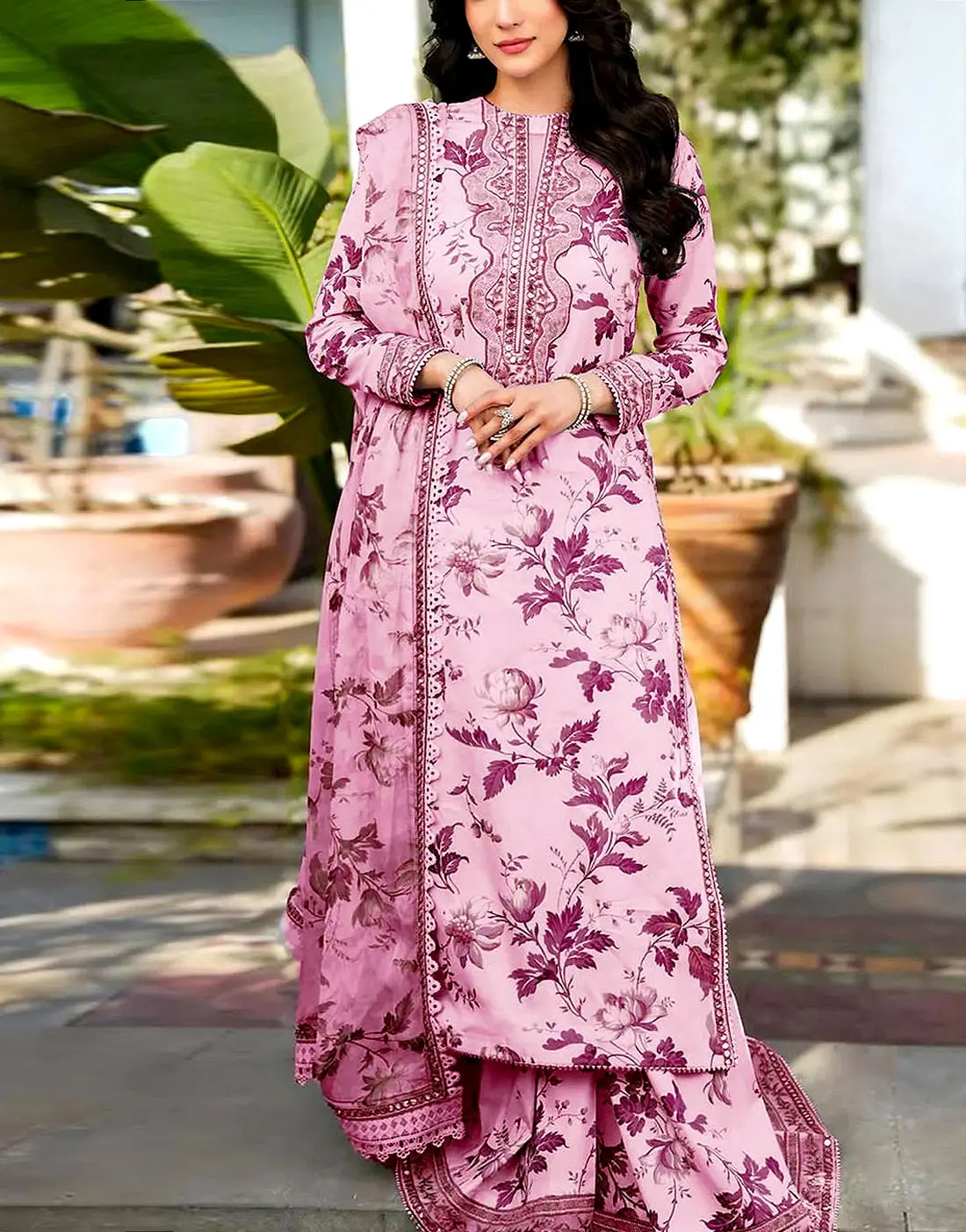 Aneelas All-Over Print 9mm Sequins Embroidered Lawn 3Pc Unstitched Dress with 4-Side Embroidered Chiffon Dupatta