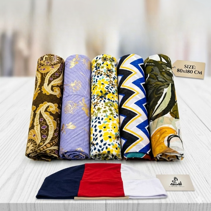 5-Piece Printed Lawn Hijab Bundle with 4-in-1 Multi-Color Inner Cap Soft Premium Lawn Scarves for Women | Random Color Mix Print - Image 2