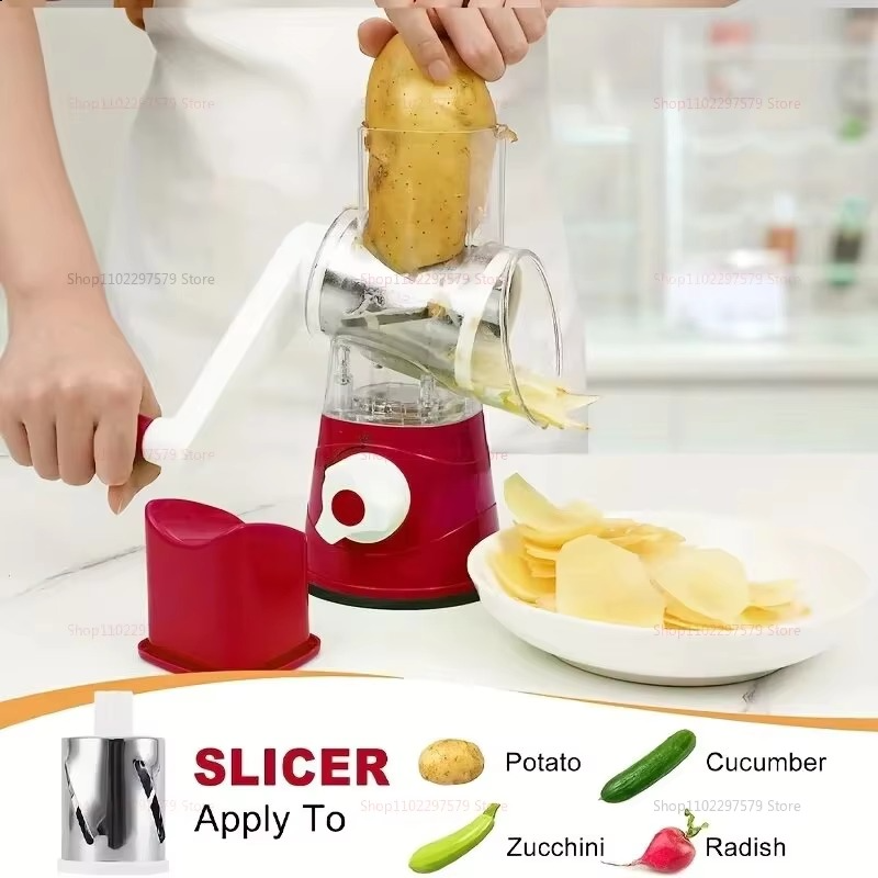 New Vegetable Cutter & Slicer Manual Kitchen Cheese Chopper Machine With 3 Sharp Drums Multifunctional Garlic Potato Shredder For Easy Food Preparation (Random Color) - Image 4