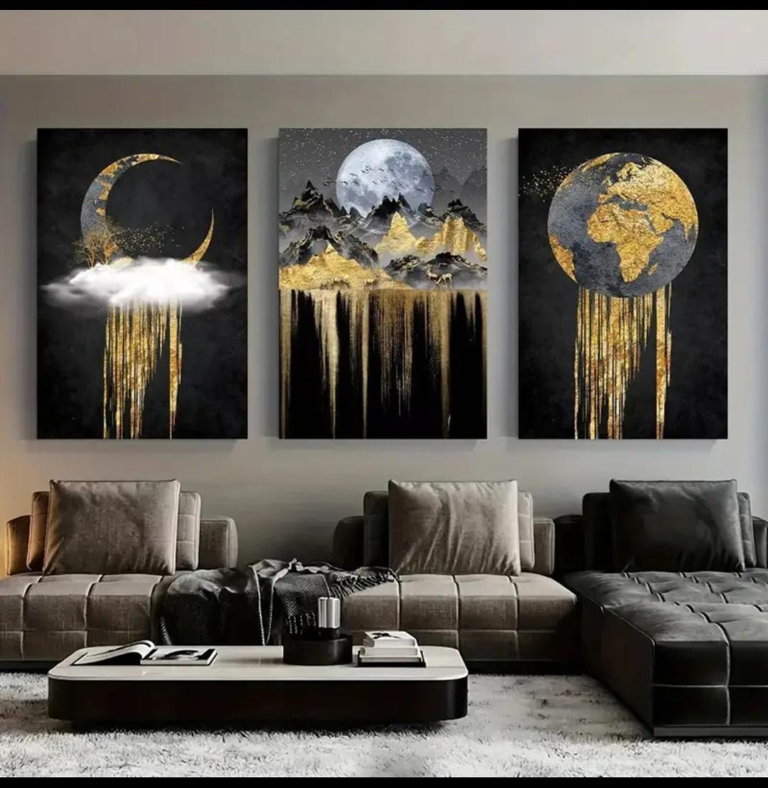 Set of 3 Wooden StickyTile Frames 8x11 Black & Gold Wall Art with Moon, Mountains & Globe + Double Tape Included - Image 2