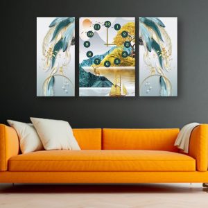 Golden Horizon 3-Piece Wooden Wall Clock Set Scenic Centerpiece with Abstract Feather Panels Without Cell/Battery.
