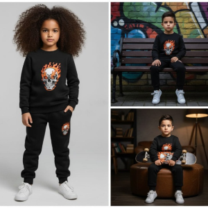 Black Printed Kids Tracksuit