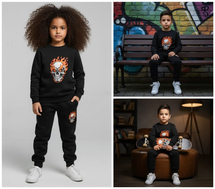 Black Printed Kids Tracksuit