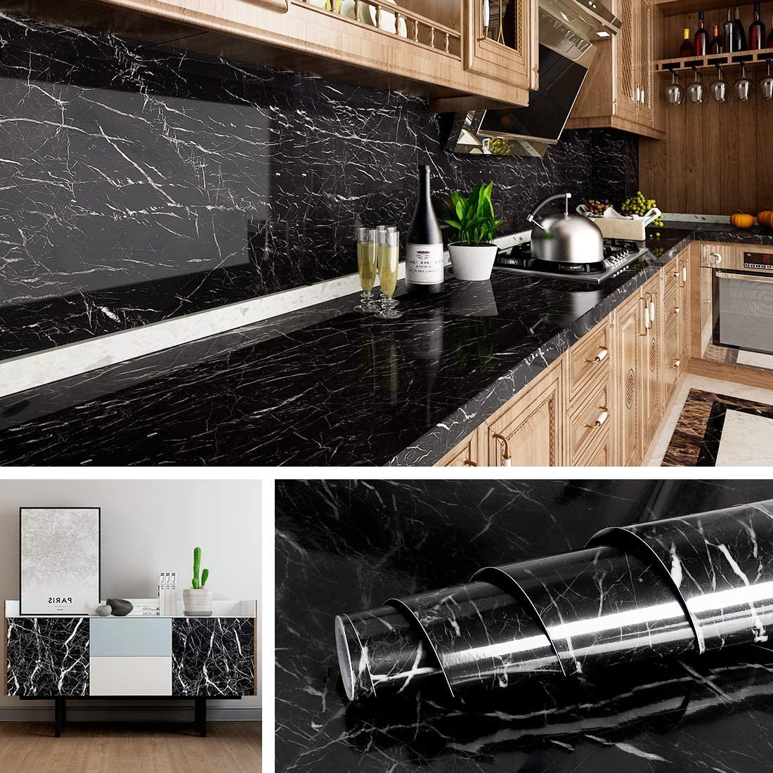 Self Adhesive Black Marble Sheet For Kitchen Waterproof, Heat And Oil Resistant Wallpap er For Countertops, Cabinets, And Furniture(60x200)