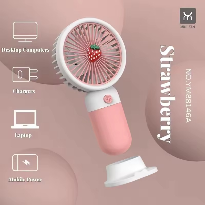 Rechargeable Mini Handy Fruit Character Fan Portable USB Cooling Fan Cute Design Handheld Fan for Kids and Travel - With Cable (Random Color) - Image 2