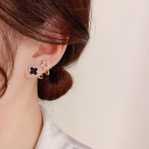 Sparkling Clover Star Earrings Gold Plated Fashion Jewelry with Black Enamel & Crystal Detailing ( PXJ-107)