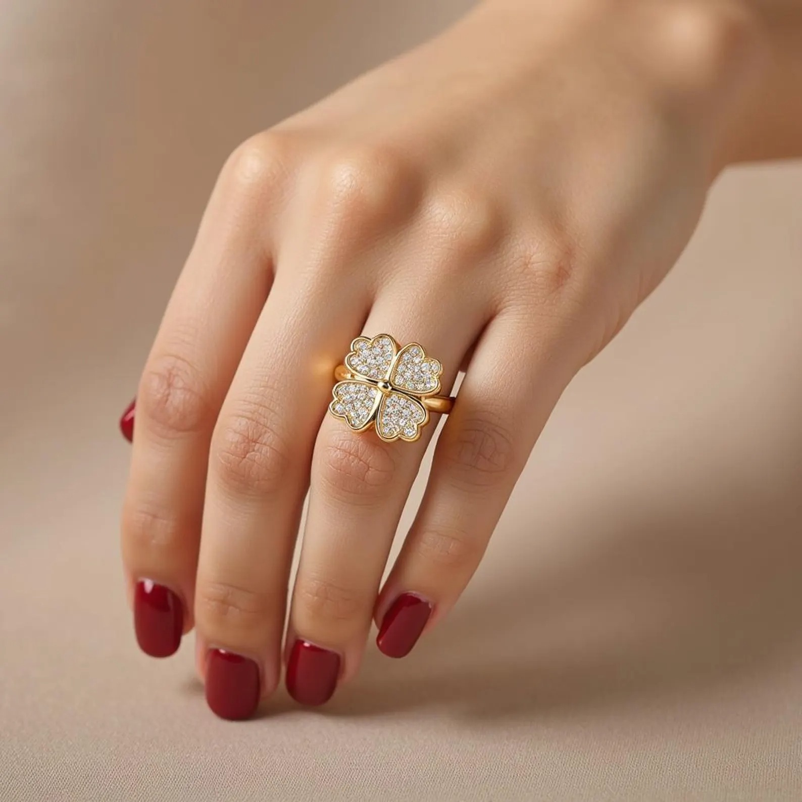 Clover Zircon Rotating Ring Silver & Golden, Adjustable Spinner Ring for Women (PWJ-111) - Image 5