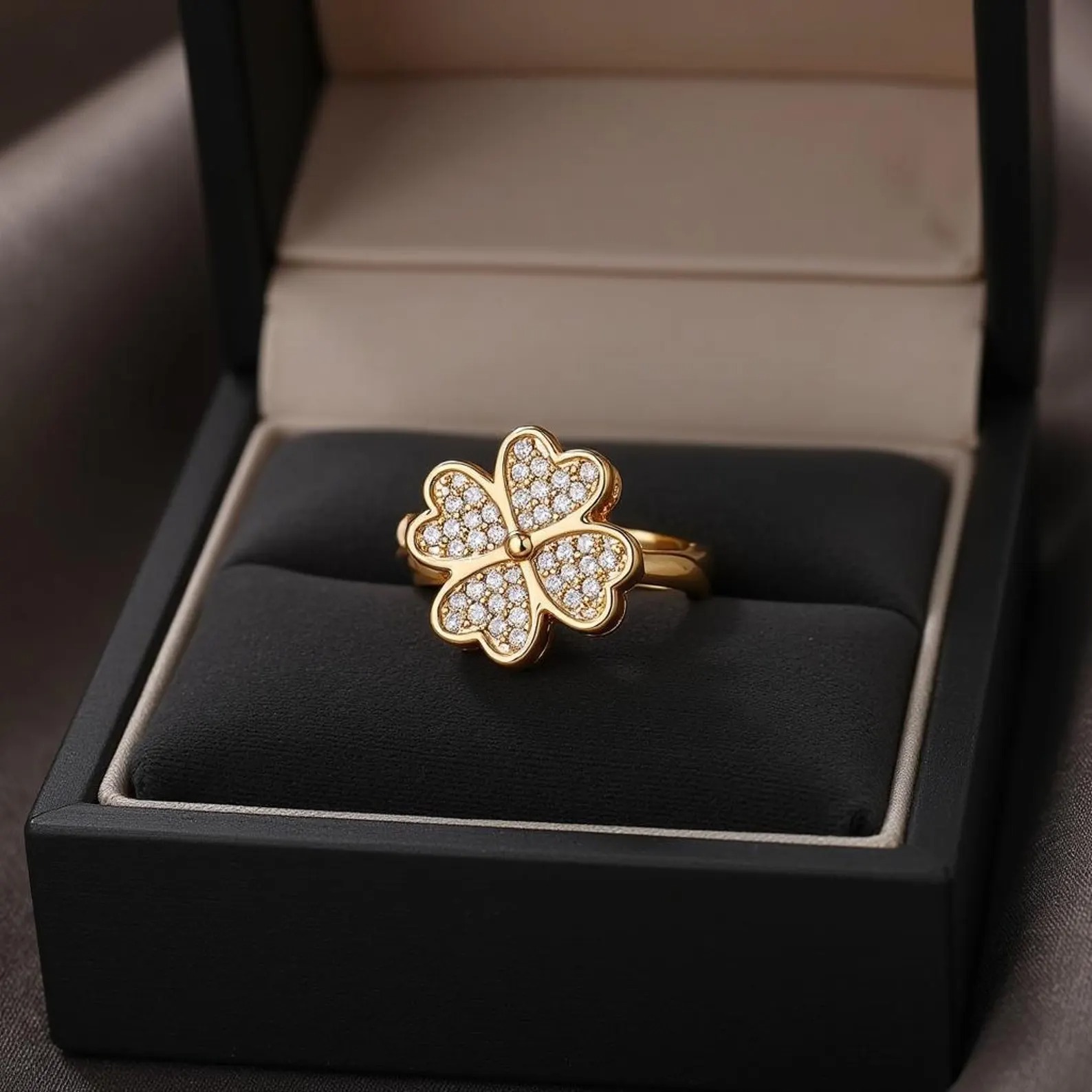 Clover Zircon Rotating Ring Silver & Golden, Adjustable Spinner Ring for Women (PWJ-111) - Image 4