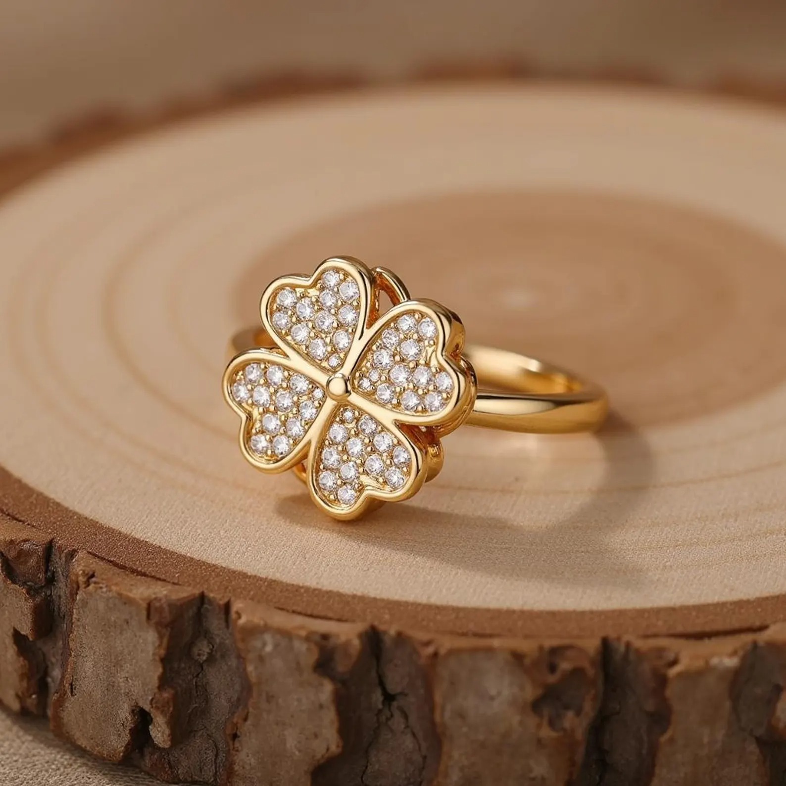 Clover Zircon Rotating Ring Silver & Golden, Adjustable Spinner Ring for Women (PWJ-111) - Image 3